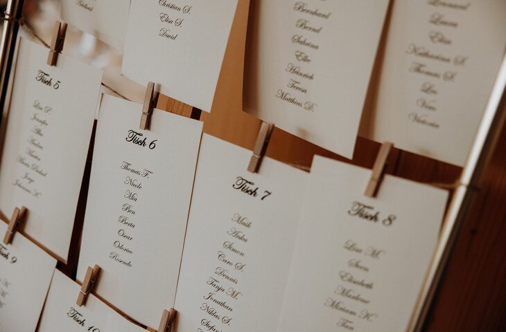 Tischkarten für die Platzierung bei einer Hochzeit im Hotel Deimann