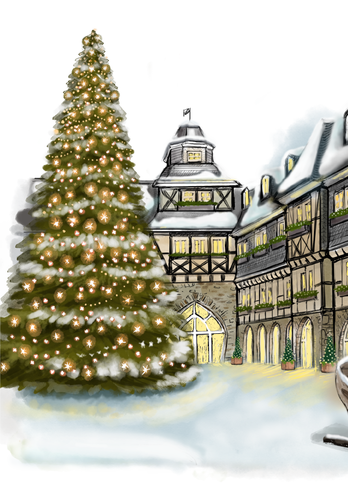 Zeichnung Gutshof an Weihnachten