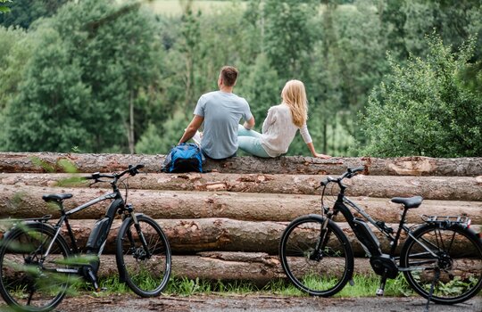 Ein Pärchen sitzt auf mehreren Baumstämmen, davor stehen zwei Fahrräder