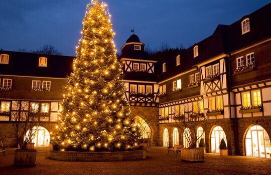 Ein großer, beleuchteter Weihnachtsbaum vor dem Wellnesshotel in NRW