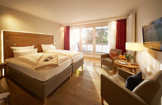 Einblick in das Wohnzimmer mit großem Balkon der Junior Suite "Holzkontor"