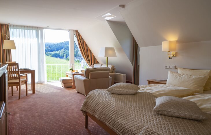 Ein gemütlich eingerichtetes Dachzimmer des Familienhotels in NRW mit großem Fenster