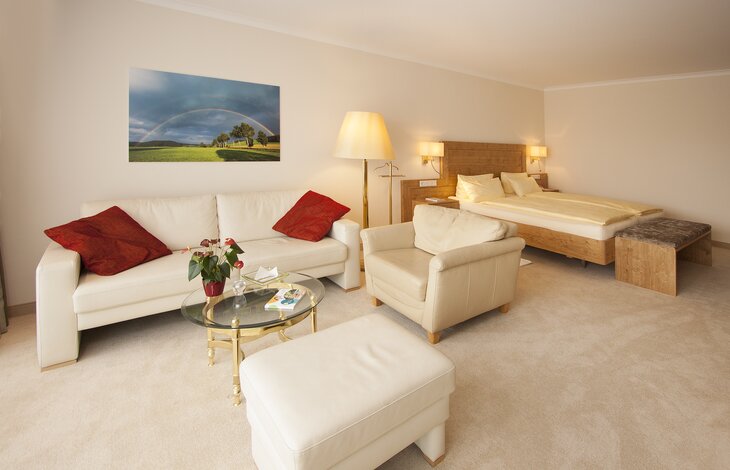 Ein hell eingerichtetes Hotelzimmer mit eleganter Couch und weinroten Kissen