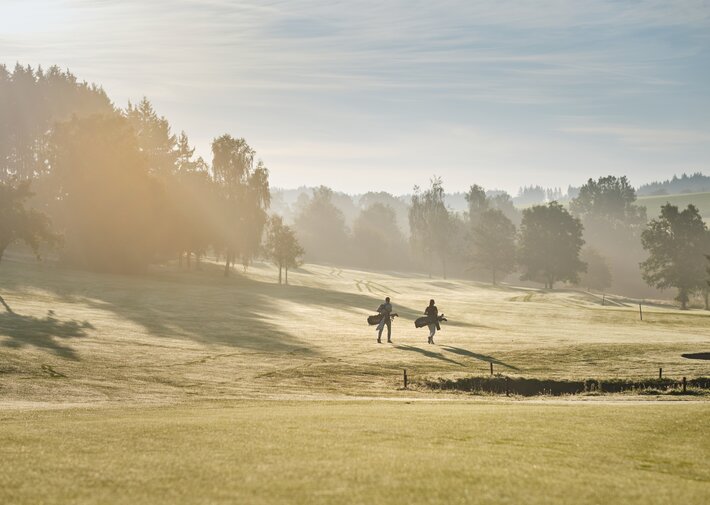 Zwei Golfer mit Golftaschen gehen über eine grüne Golfwiese; Sonnenlicht durch Nebel; Baumreihe am Rand
