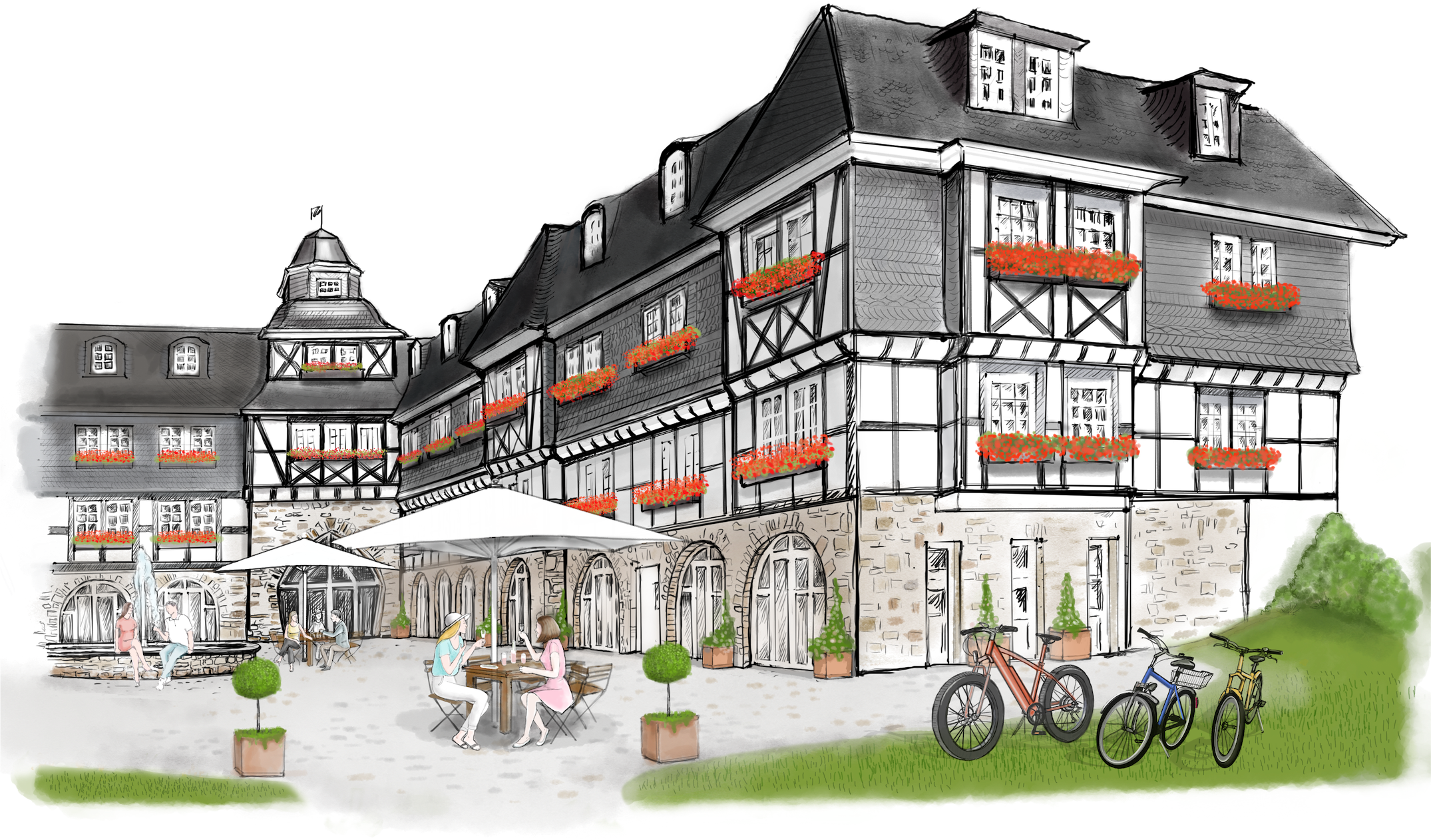 Zeichnung Gutshof im Sommer