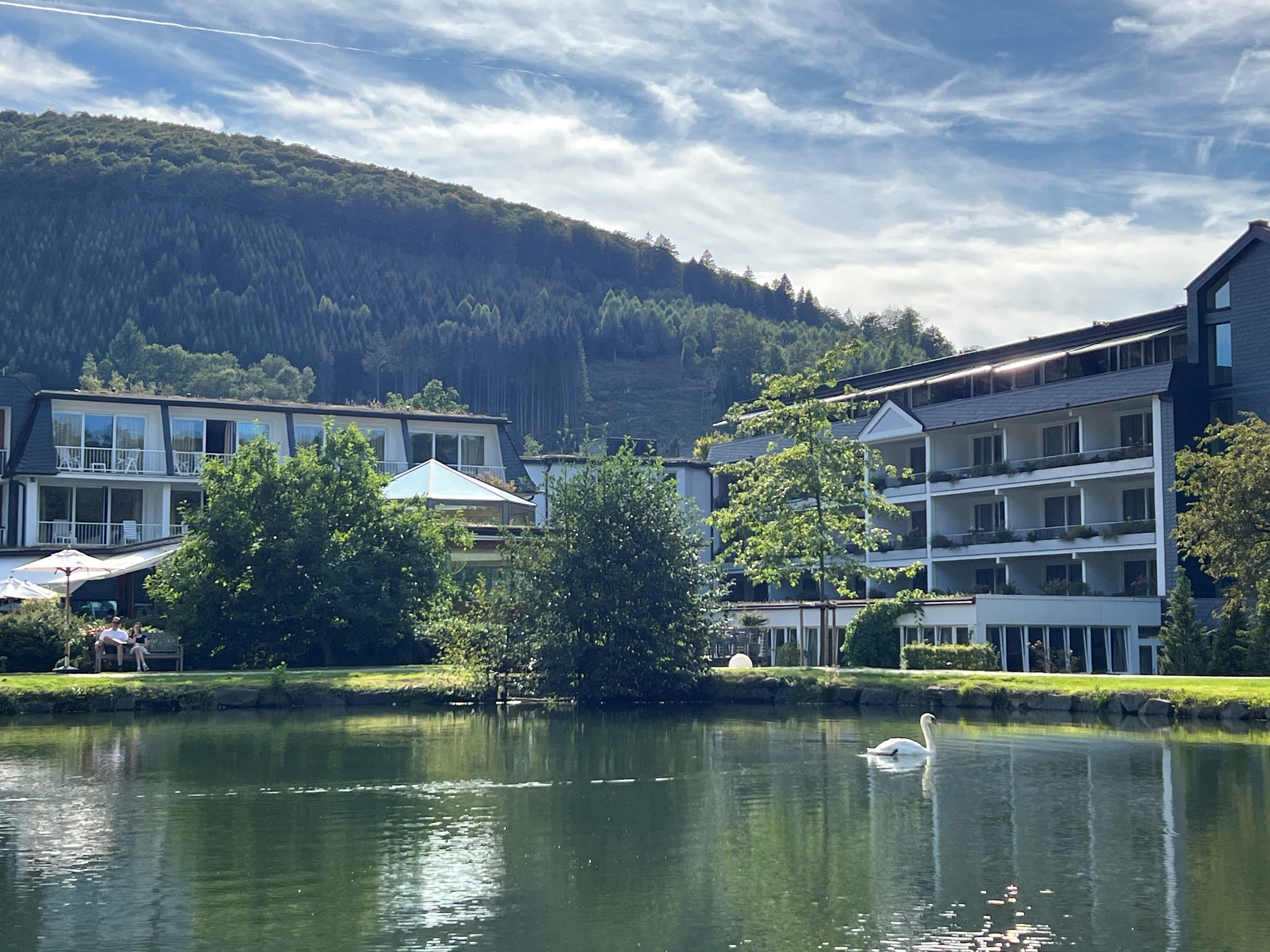 Blick über den  Naturteich mit Schwand im Hotel Deimann